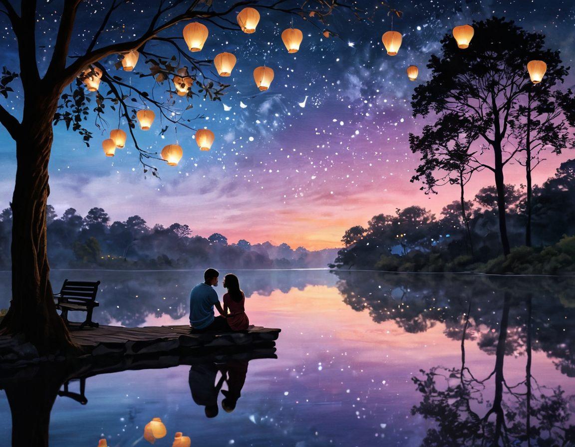 A romantic scene depicting a diverse couple sitting together under a starlit sky, exchanging heartfelt words, surrounded by glowing heart-shaped lanterns floating in the air. In the background, soft silhouettes of trees and a gentle river add to the serene vibe. Subtle symbols of love and connection, like intertwined hands or puzzle pieces, are integrated into the scenery. dreamy and serene. vibrant colors. painting.