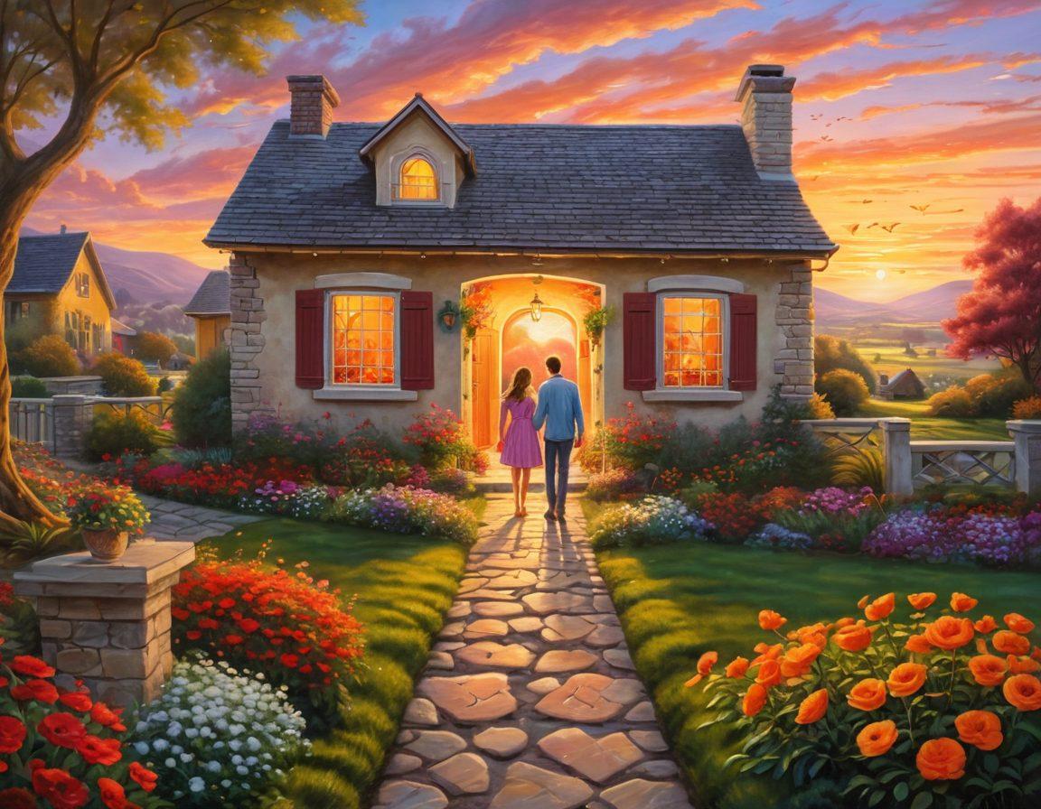 A romantic scene depicting a couple holding hands in a beautiful sunset landscape, surrounded by symbols of love like hearts and flowers. In the background, a pathway leads to a cozy house, symbolizing commitment. The atmosphere is warm and inviting, reflecting intimacy and connection. The couple should be gazing into each other's eyes with genuine affection. vibrant colors. painting.