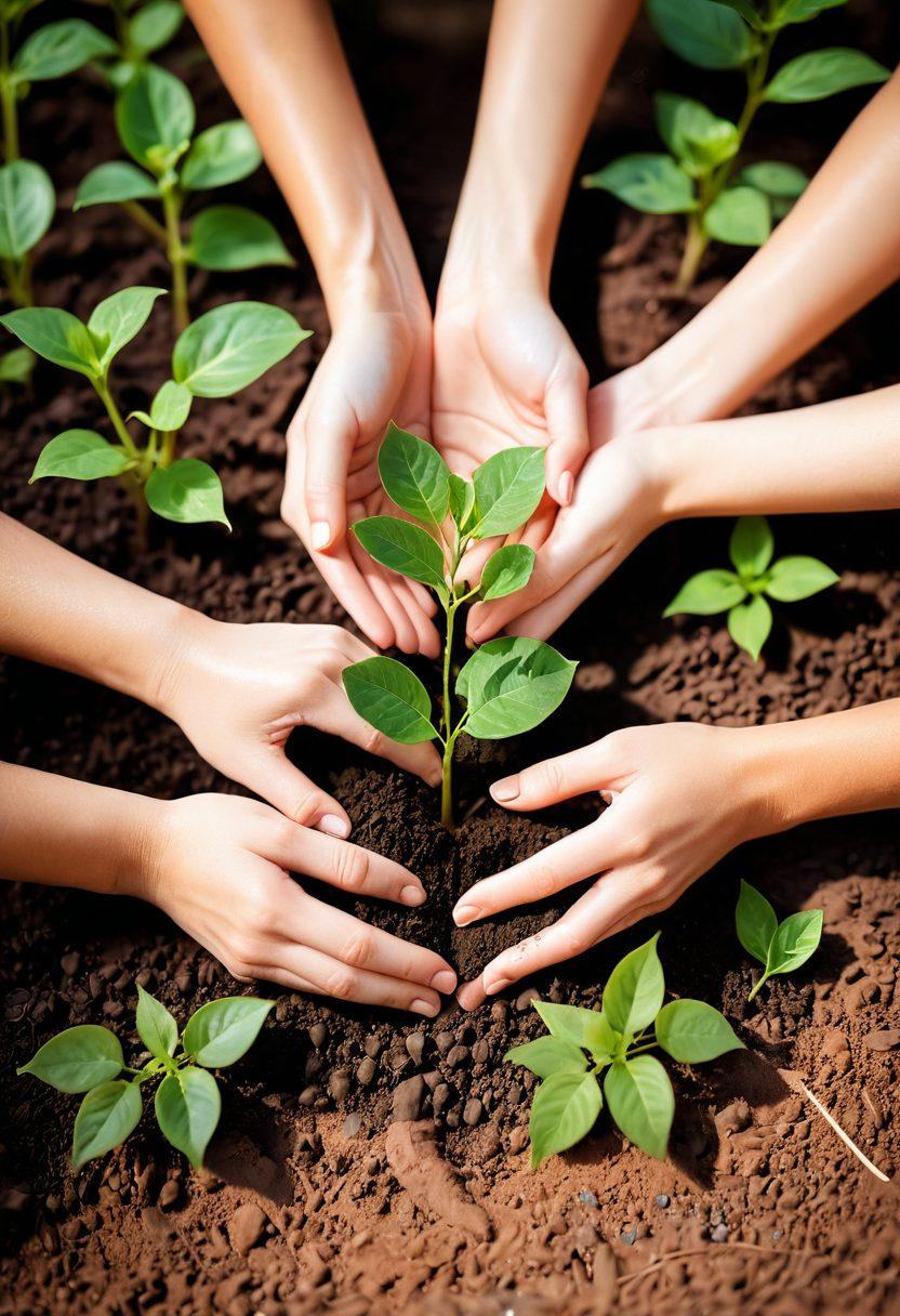 A heart-shaped plant growing in vibrant soil, symbolizing the nurturing aspect of love, surrounded by hands gently tending to it. Include a serene background with soft sunlight filtering through leaves, creating a warm and inviting atmosphere. Illustrate diverse couples supporting each other in the foreground, showcasing healthy relationships. warm tones. super-realistic. vibrant colors.
